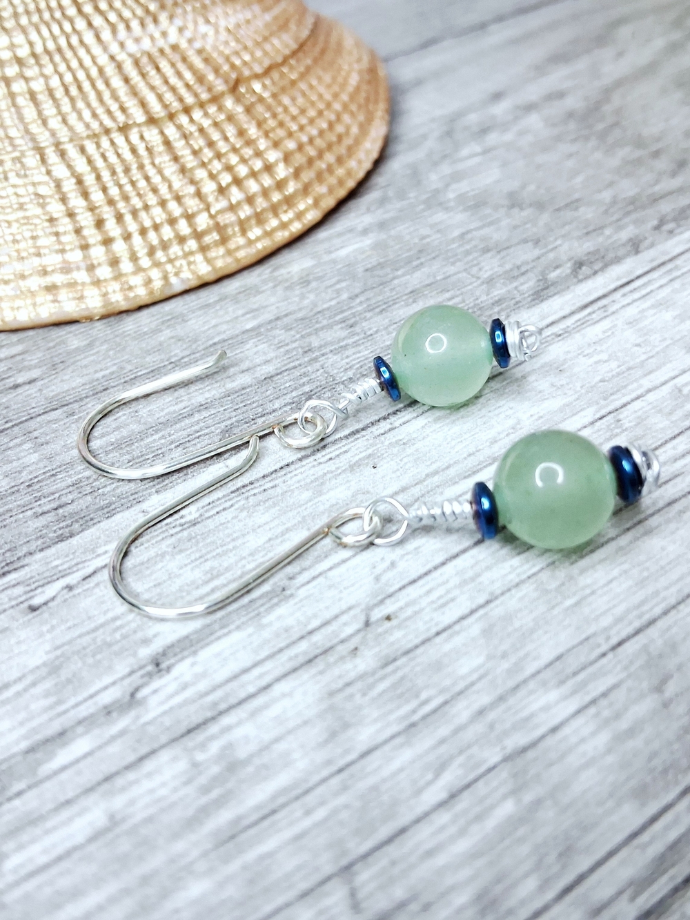 Dainty Green Aventurine Bead Drop Earrings with Silver Hooks - Picture 2 of 3
